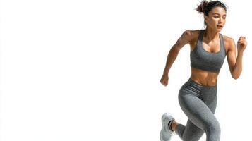 Dynamic woman running in athletic wear against a plain background photo