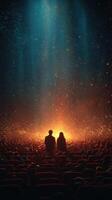Couple watching a mesmerizing display of lights in an empty theater during a magical evening moment immersed in sparks photo