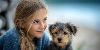 Young girl enjoys quality time with her adorable puppy at a beachside location during a sunny afternoon photo