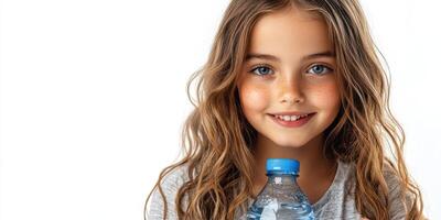 Smiling girl with long hair holding a water bottle in a bright indoor setting for a healthy hydration campaign photo