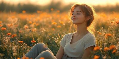 Young woman enjoys a peaceful moment in a flower field during sunset, surrounded by blooming wildflowers and soft golden light photo