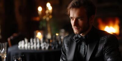 Man in elegant suit engaged in chess strategy during evening gathering by a warm fireplace photo