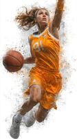 Dynamic basketball player leaps for a shot in vibrant orange uniform during an energetic game at a local court photo