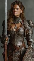 Detailed warrior in ornate armor holds sword and shield in a dramatic pose during a conceptual photoshoot photo