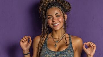 Portrait of a smiling woman with dreadlocks posing against a purple background in a casual setting photo