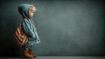 Child stands alone with a backpack wearing a hooded coat in a dimly lit indoor space during the day photo