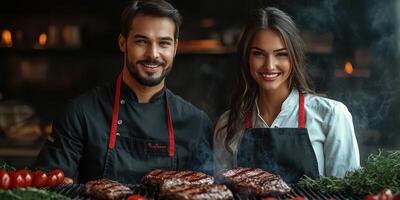Grilling experts showcase perfectly cooked steaks at a lively outdoor barbecue event in the evening photo