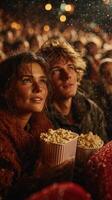 Couple enjoying popcorn together at a cinematic outdoor event on a rainy night photo