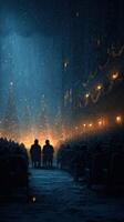 Winter evening gathering in a theater with a warm glow and festive decorations photo