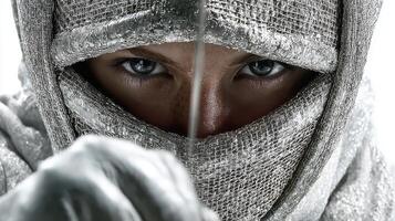 Close-up of a focused warrior preparing for an intense duel in a dramatic silver costume during a twilight setting photo