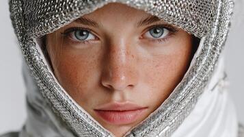 Stunning close-up portrait of a model in silver headwear and striking blue eyes photo