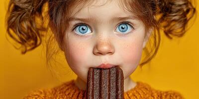 Young child enjoying a chocolate treat with bright blue eyes and playful hairstyle in a vibrant yellow background photo