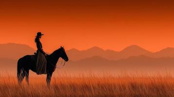 Silhouette of a rider on horseback at sunset with mountains in the background and tall grass photo