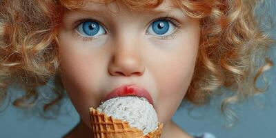 Child enjoys a delicious ice cream treat with big blue eyes and curly hair photo