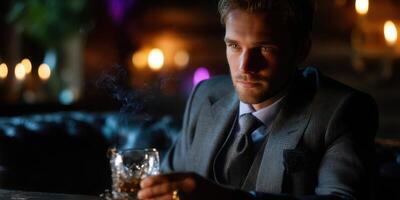 Man in a suit enjoying a drink in a dimly lit upscale lounge during the evening photo
