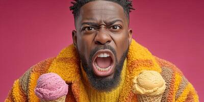 Man expresses strong emotions while holding two ice cream cones in a vibrant studio setting photo