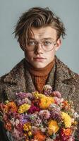 Young man holds vibrant bouquet of flowers while dressed warmly in autumn fashion against a simple backdrop photo