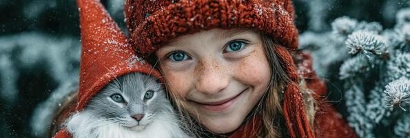 Smiling girl with freckles in red winter attire cuddling a fluffy cat in a snowy forest during a chilly afternoon photo