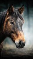 Horse portrait captured in soft light with a calm background highlighting its features in a serene forest setting photo