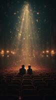 Couple watches the spotlight in an empty theater filled with golden light at an evening performance photo