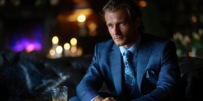 Sophisticated man in blue suit enjoys drink in elegant lounge during evening hours photo