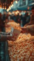 People sharing a large container of popcorn at a festive outdoor market during the evening hours in a vibrant atmosphere photo