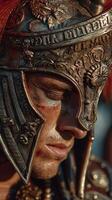 Warrior in detailed armor shows intricate facial expression at a historical reenactment event during sunset photo