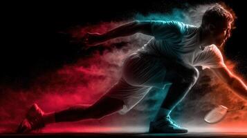 Energetic athlete diving for a shot during a squash match with dramatic lighting effects in a sports arena photo