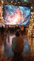 Man observes vibrant light display during festive event in an urban location at night surrounded by holiday decorations photo