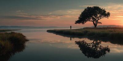 Silhouetted figure stands near calm water at dawn reflecting tranquil landscape photo