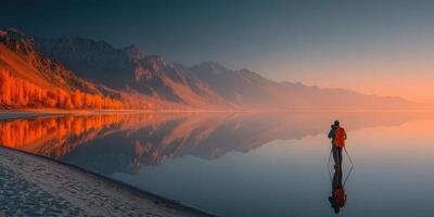 Sunrise over tranquil lake with photographer capturing reflections in serene landscape photo