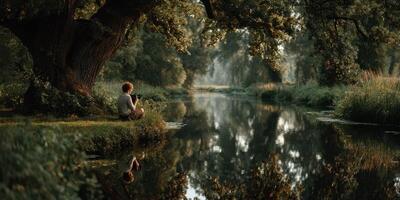 Person enjoying nature while capturing reflections by a calm river in the early morning light photo