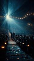 Crowd gathered in a theater during a dramatic moment with light beams illuminating the space and creating an engaging atmosphere photo