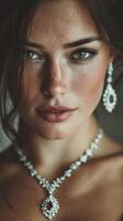 Elegant woman showcases stunning jewelry in a close-up portrait, highlighting her natural beauty and confident expression photo