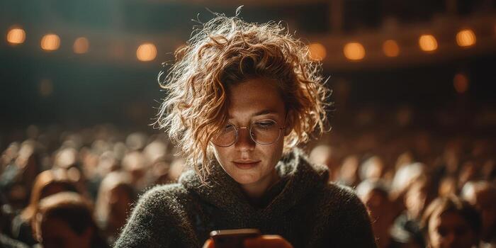 Engaged audience member checks phone during live performance in a theater photo