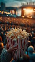 Enjoying popcorn while watching an outdoor concert at sunset with a lively crowd in the background photo