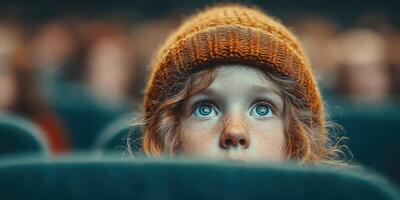 Child in orange hat captivated by performance in theater during evening show with attentive audience photo