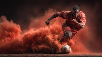 Intense soccer player dribbling through a cloud of red dust on a dramatic field photo
