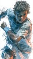 Young athlete running swiftly on a tennis court during an intense match in bright daylight with determination on his face photo