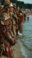 Warriors prepare for battle at the shoreline during a historical reenactment event in the late afternoon photo