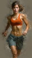 Young woman running outdoors in athletic wear during daylight showcasing fitness and determination photo