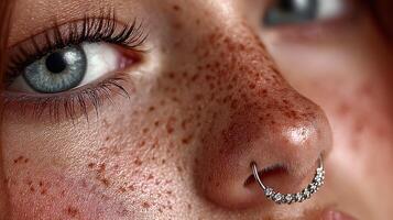 Close-up of a person showcasing a shimmering nose ring and striking blue eyes with freckles in natural light photo