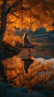 Girl swings peacefully by a serene lake surrounded by vibrant fall foliage during sunset photo