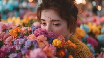 Young woman enjoying vibrant flowers in a market during a sunny afternoon surrounded by colorful blooms photo