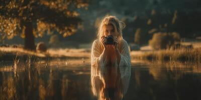 Woman in shallow water holding camera during golden hour in peaceful natural setting near trees photo