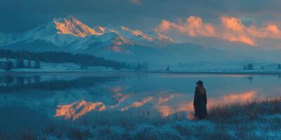 Majestic sunrise over mountains with a solitary figure by a calm lake in a tranquil winter landscape photo