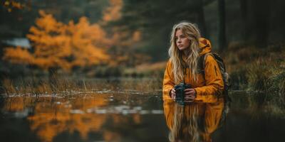 Exploring the wilderness in autumn with a camera by the tranquil lake among vibrant orange foliage photo