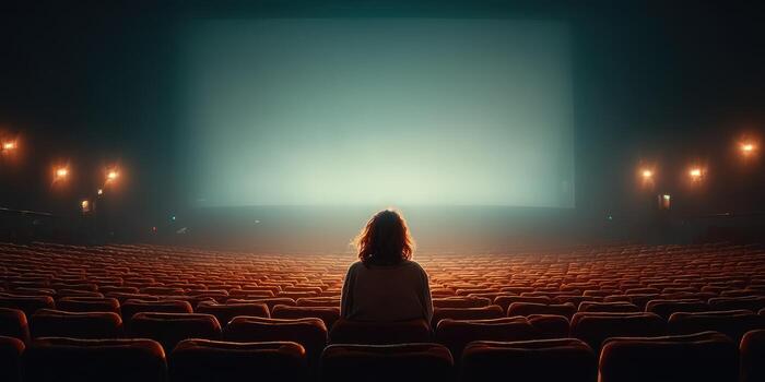 Person sits alone in a dark cinema, facing a blank screen, surrounded by empty red seats in the evening photo