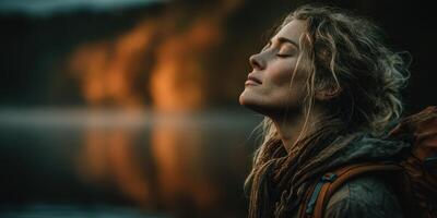 Joyful woman enjoying nature by the serene lake during sunset with warm reflections on the water photo