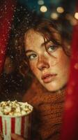 Young woman enjoying popcorn while looking through a window during a rainy evening photo
